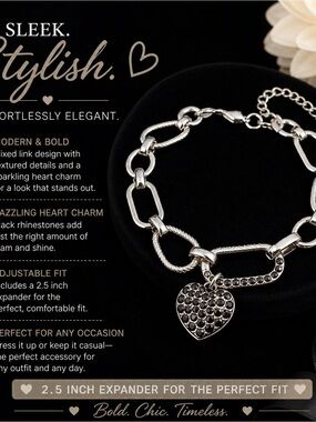 paparazzi Silver-Tone Link Bracelet with Black Crystal Heart Charm